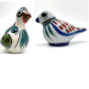 Tonala Mexico 2Pc Mini Birds Hand Painted Art Pottery Figurine Signed Decor Vtg